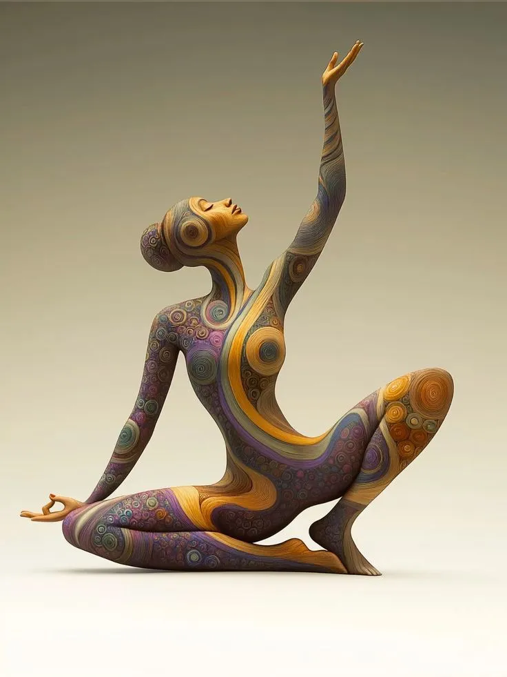Scultura policroma di una figura femminile seduta con il braccio teso verso l’alto, ricoperta da spirali in ocra, viola e blu