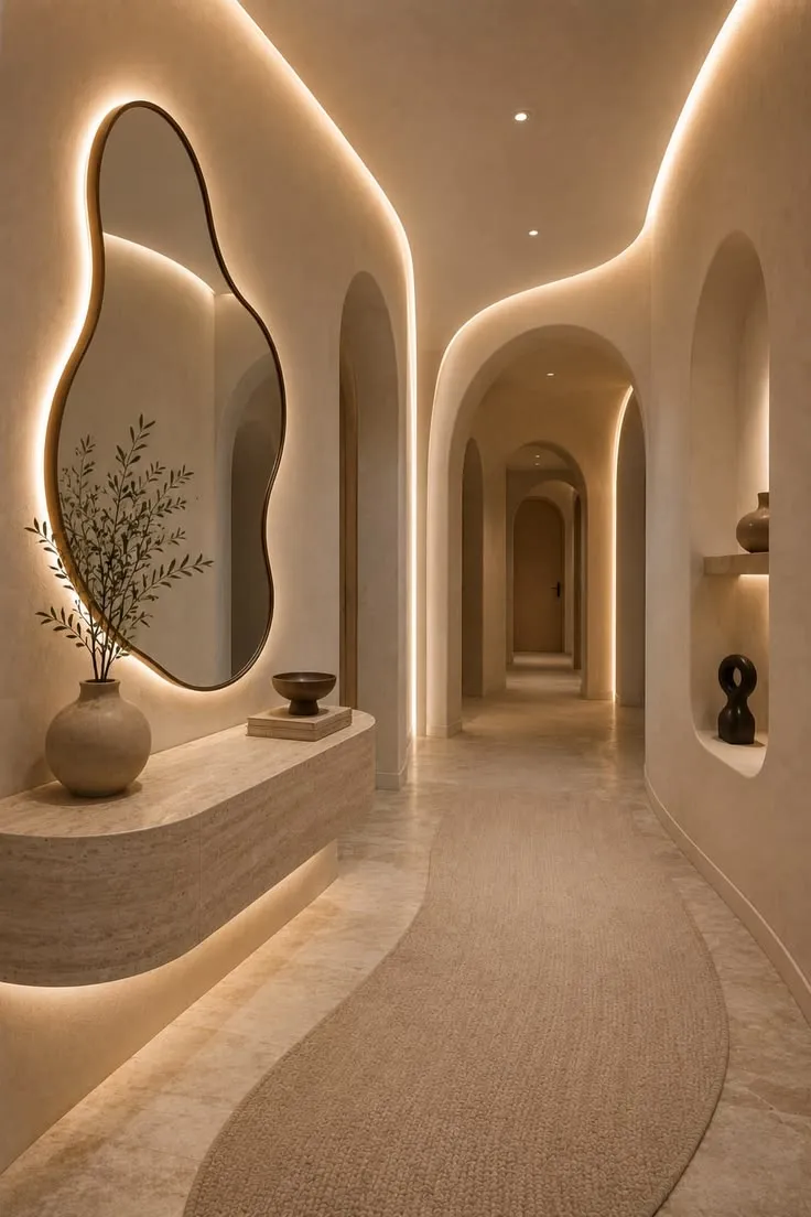 Corridoio residenziale nei toni della sabbia con archi in sequenza, specchio dalla cornice organica, credenza sospesa in travertino e illuminazione indiretta incassata