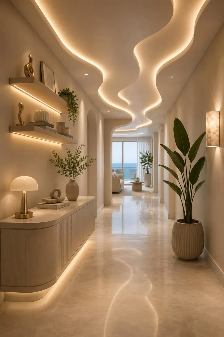 Corridoio residenziale con controsoffitto a curve illuminato da luce indiretta, credenza con piccole sculture in bronzo e vista sul mare sullo sfondo