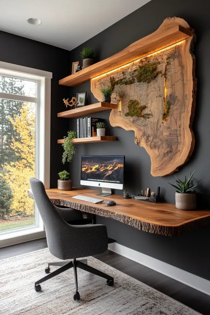 Studio domestico con parete scura, piano sospeso in tavola di legno a bordo naturale e pannello di legno con muschio retroilluminato