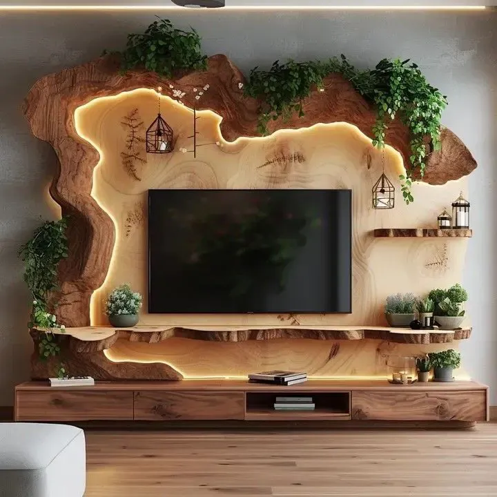 Parete del soggiorno rivestita da una grande tavola di legno a bordo naturale con illuminazione incassata nel profilo e televisore centrato